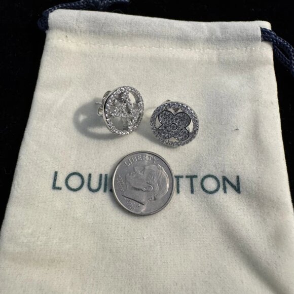 Louis Vuitton Silver Tone Crystal Stud Style Earrings with Flower Logo - Picture 2 of 5